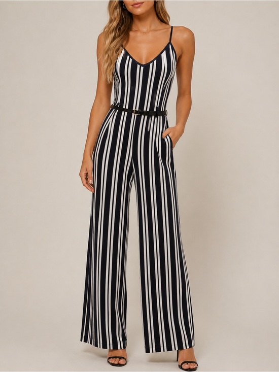 Forever 21 Pants - Forever 21 Navy & White Vertical Stripe Wide-Leg Jumpsuit Sz Small
